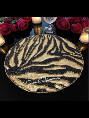 Jewel Mumbai Animal Print Beaded Placemat Centerpiece Black Gold Tiger Stripe